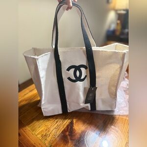 CHANEL White and Black Tote Bag